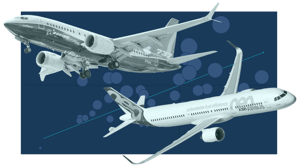 Illustration of an Airbus and a Boeing aircraft side by side.